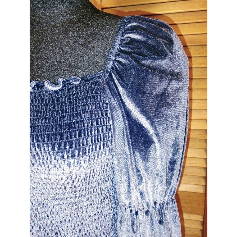 Velvet Milkmaid Smocked Square Neck Peasant Puff Sleeve Mini‎ Dress - Blue XL - Picture 9 of 11